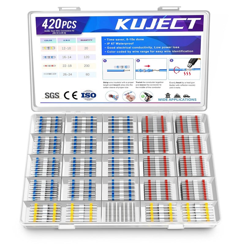 Kuject 420PCS Solder Seal Wire Connectors, Self-Solder Heat Shrink Butt Connector Sleeve Waterproof Insulated Electrical Butt Splice Wire Terminals for Marine Automotive Boat Wire Joint - Image 1
